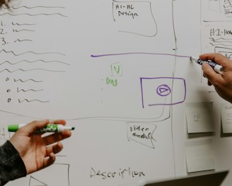 Two marketing professionals drawing strategy diagrams and notes on a whiteboard, illustrating lead g