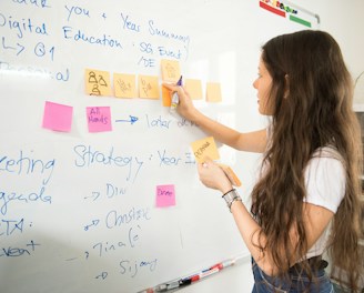 A focused team mapping out a clear marketing strategy on a whiteboard.