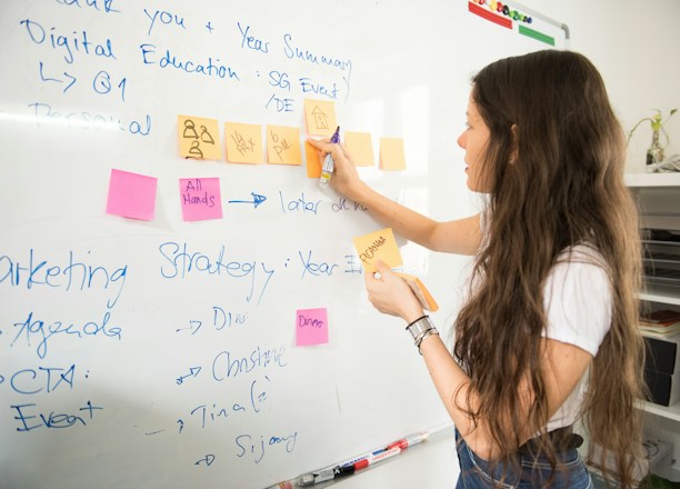 A focused team mapping out a clear marketing strategy on a whiteboard.